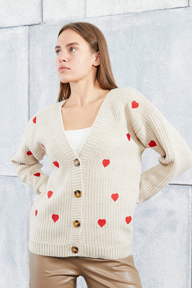 Women's Knitwear Cardigan Heart Standard Size Stone