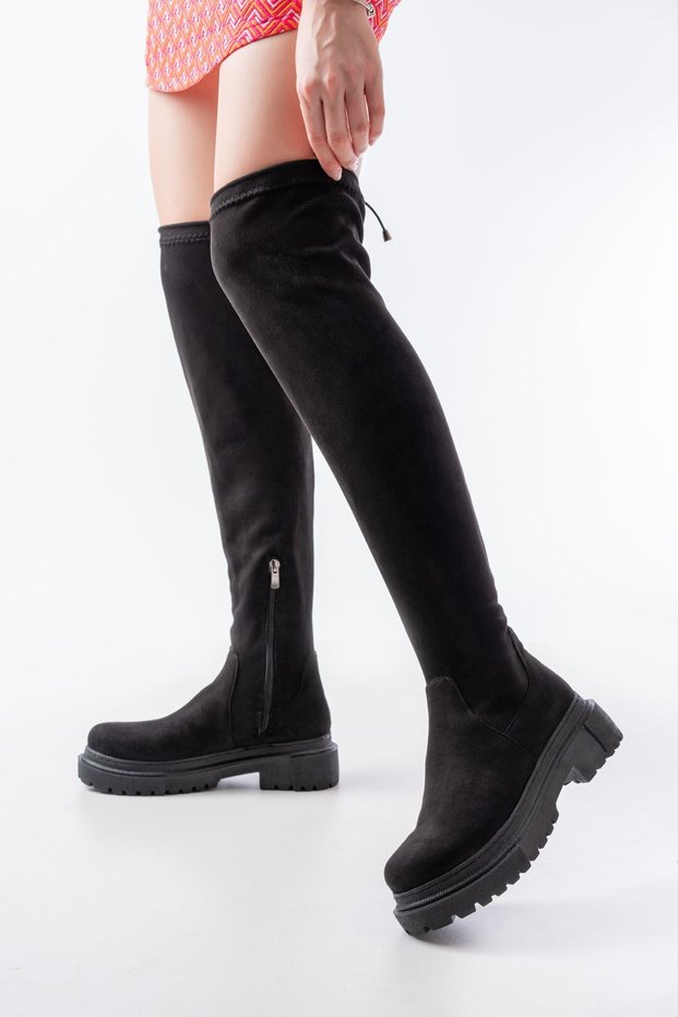 Zrin812-2194 Premium Black Suede Zippered Over-The-Knee Lace-Up Socks Daily Women's Boots