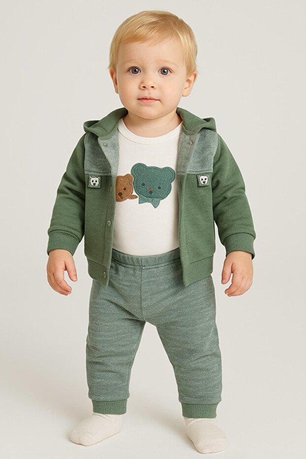 Baby Boy 3-Piece Set with Jacket, Teddy Bear Embroidery, Transitional Hooded 3-Piece Bodysuit, 0-3-6-9 Months Old