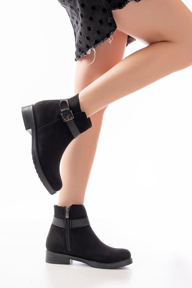 Zri̇n-204 Premium Black Suede Buckle Zippered Casual Women's Boots