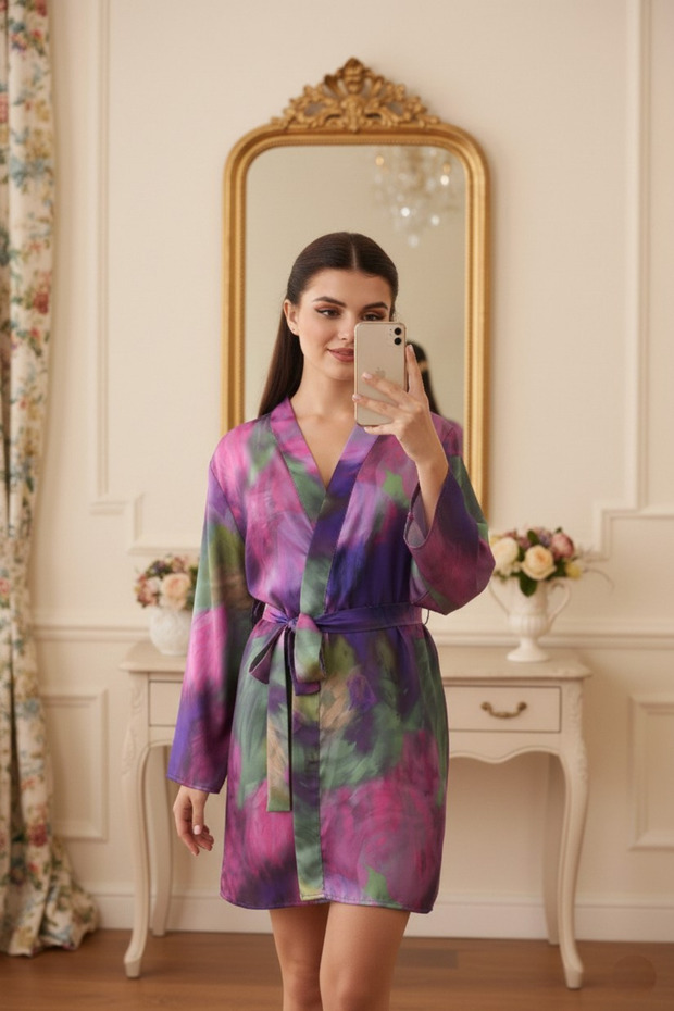 Women's Multicolored Satin Woven Dressing Gown with Belt, Patterned and Stylish Home Wear