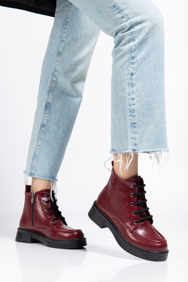 Zri̇n-B-2001 Premium Burgundy Wrinkled Patent Leather Lace-Up Zippered Winter Women's Boots