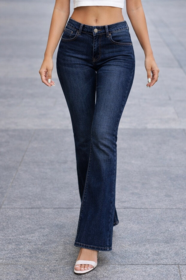 Kiváló minőségű női 5 zsebes, alacsony derékú, kiszélesedő lábszár Skinnyfit rugalmas Jean nadrág C619-sötétkék - 3