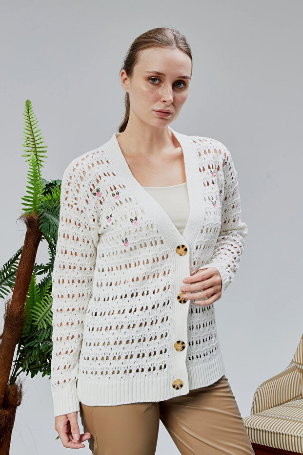 Women's Knitwear Cardigan Floral Embroidered Perforated Standard Size Ecru