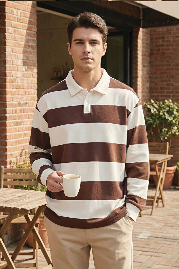 Ghassy Co. Men's London Striped Stripe Cotton Fleece Inside Polo Neck Sweatshirt