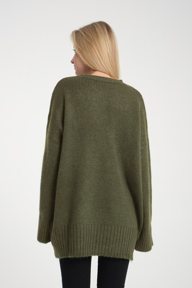 Oversize Basic Haki Uzun Kadın Kazak - 4