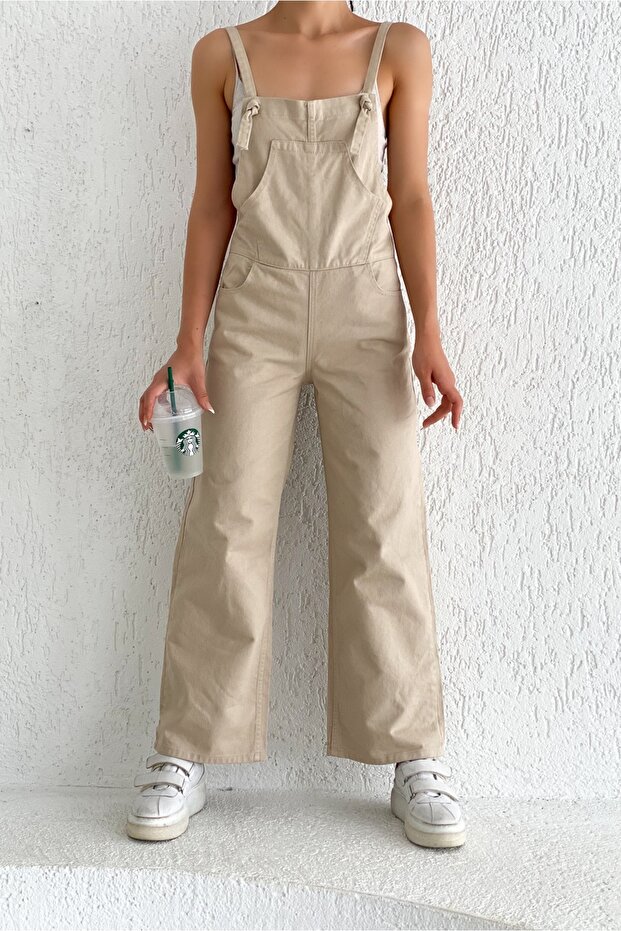 Women's Wide Leg Denim Gardener Overalls Beige