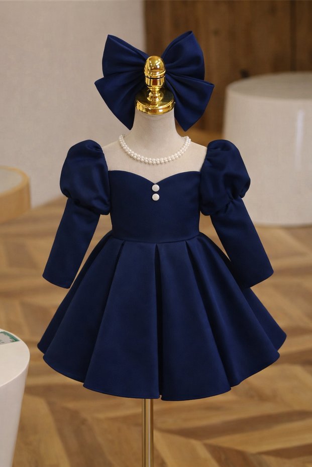 Special Design Navy Long-Sleeve Pearl-Detail Girls' Evening Dress