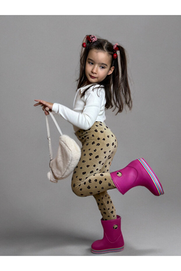 Girl's Corded Fabric Velvet Cream Leopard Leggings