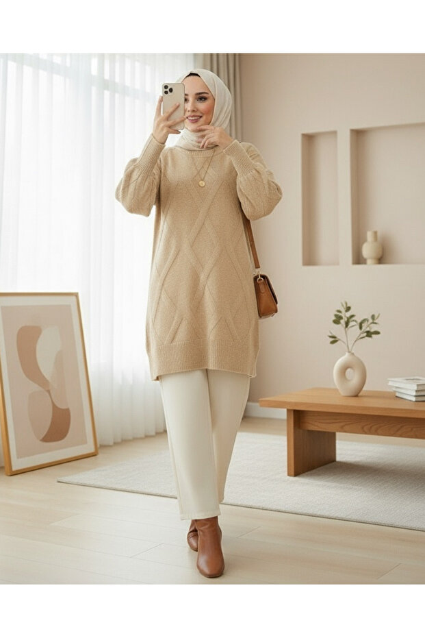 Baklava Patterned Soft Knit Tunic - Light Mink