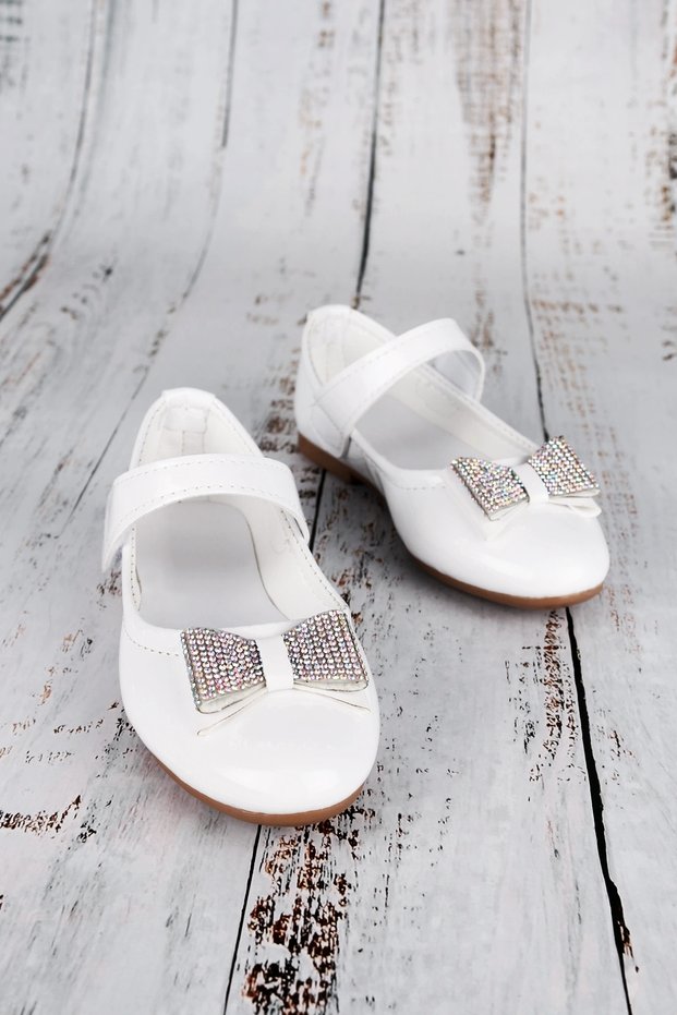 Girl's Ballerina Shoes Evening Dress Velcro Stone Bow White