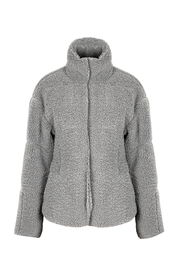 Long Length Patchwork Quilted Teddy Coat GRY - 1