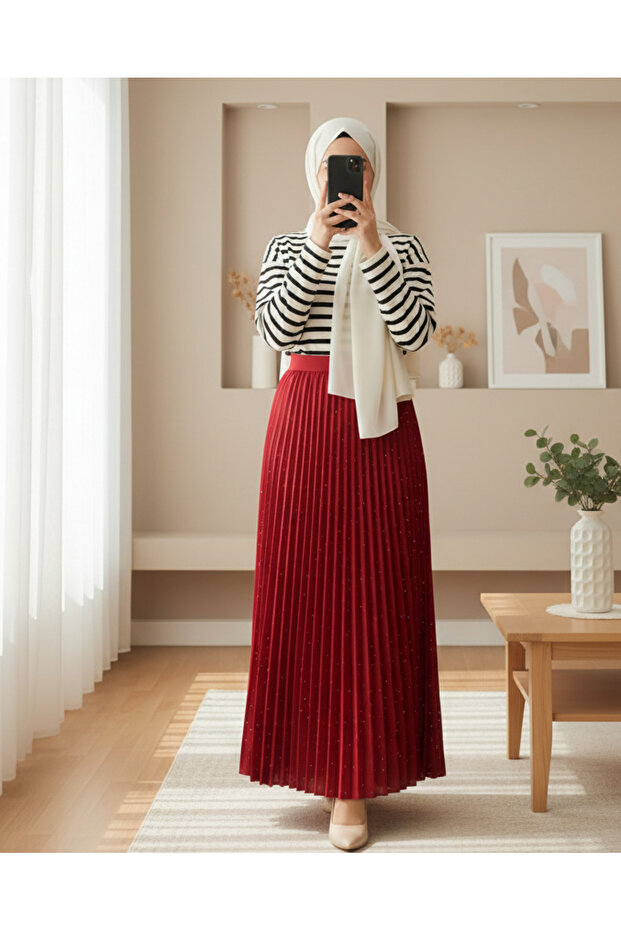 Taşlı Pliseli Etek -Kırmızı - 2