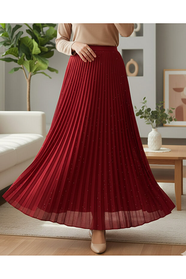 Taşlı Pliseli Etek -Kırmızı - 1