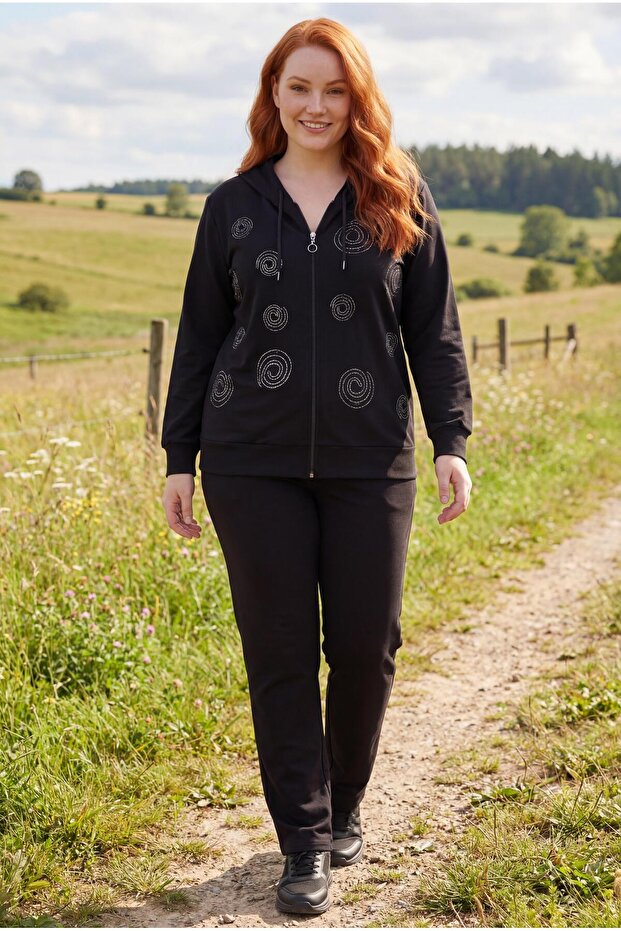 Women's Large Size Spiral Stone Detailed Hooded Black Tracksuit Set