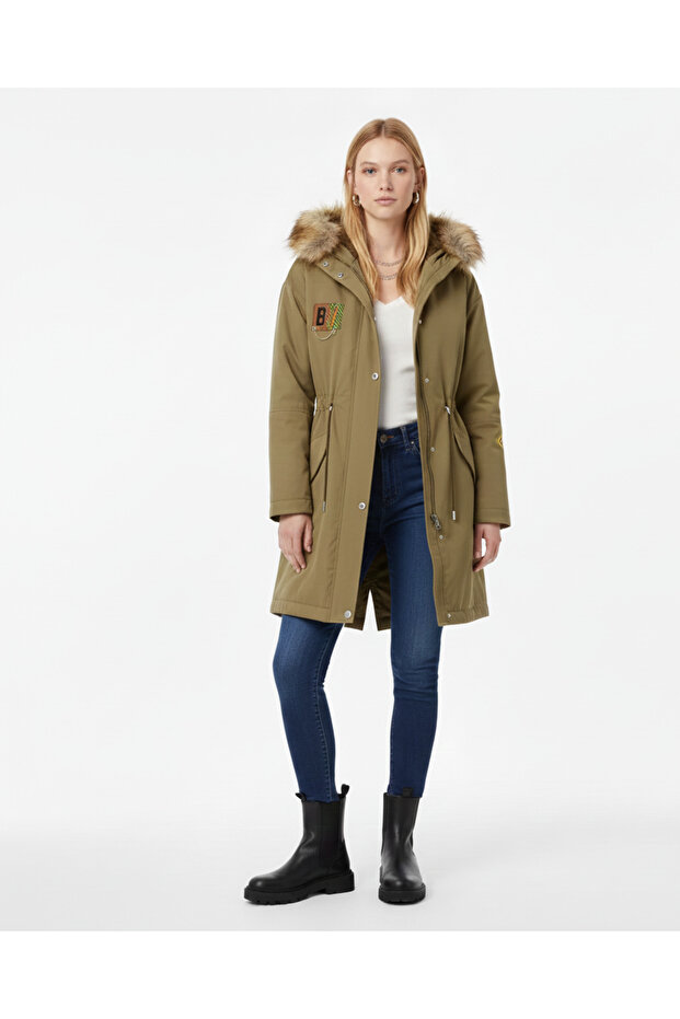 Women's Khaki Fur Collar Trench Coat