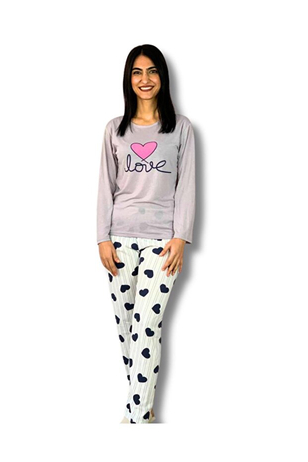 Women's Love Motif Heart Patterned Pajama Set (Beige-White)
