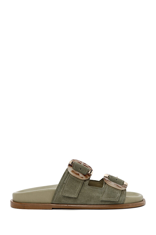 Women's Green Double Buckle Suede Leather Slippers 25Sfd 200710