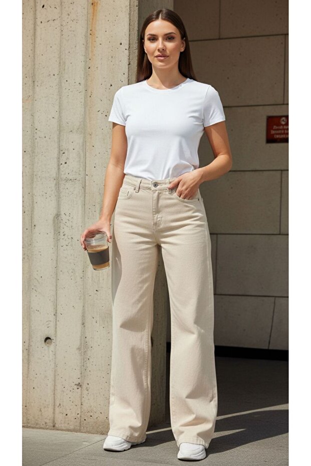 Gabriela Beige Stretch Fabric Super High Waist Loose Stretch Jeans Palazzo Pants