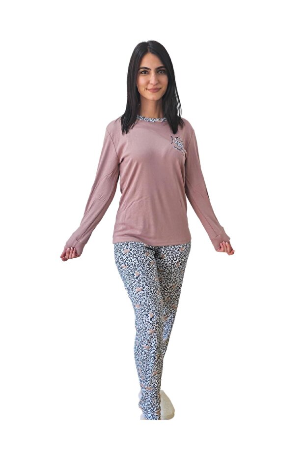 Love Dream Heart Patterned Cotton Women's Pajama Set (G.Kurusu) Brown m