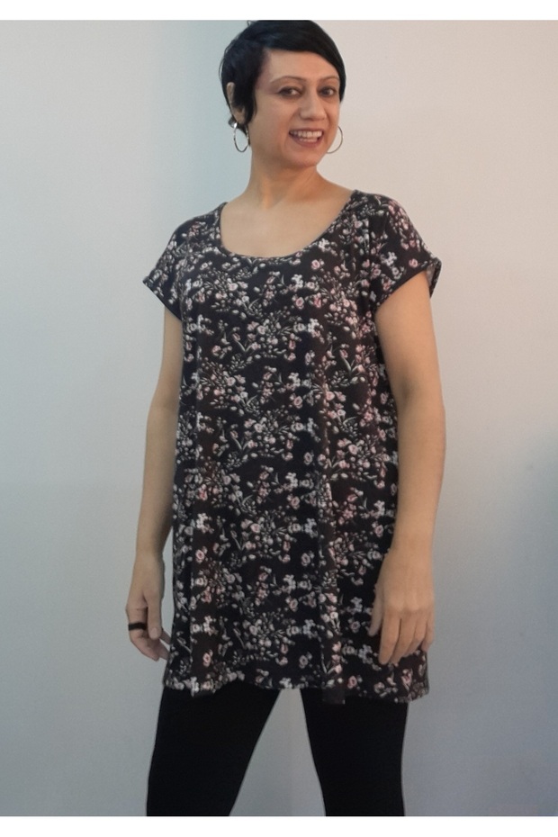 Combed Cotton Viscose T-Shirt with a Black Floral Print in Whole Size