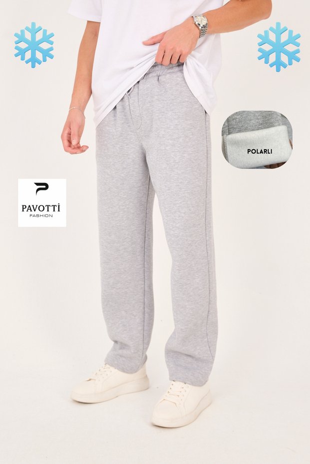 Men's Winter 3-Thread Fabric Ş Fleece-Lined (Fleece Inside) Baggy Sweatpants with Back Pocket Detail (Wide Fit)