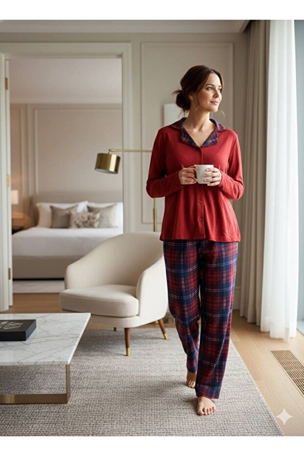 Women's Modal Fabric 100% Cotton Plaid Luxury Pajama Set