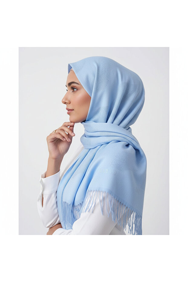 Mesh Plain Wave Patterned Blue Shawl - 5