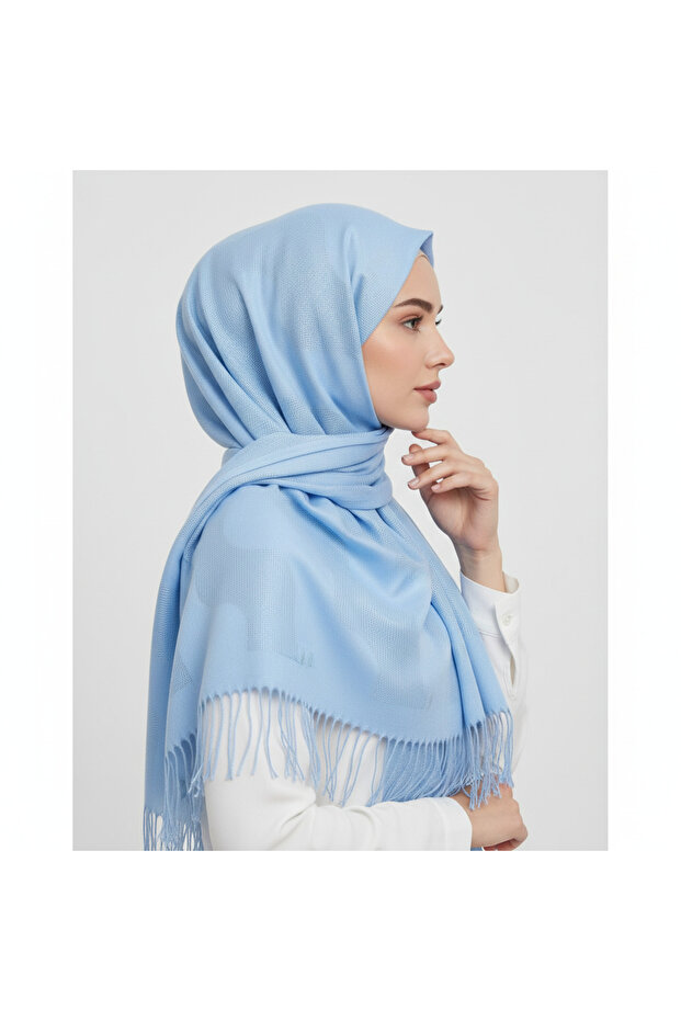 Mesh Plain Wave Patterned Blue Shawl - 3