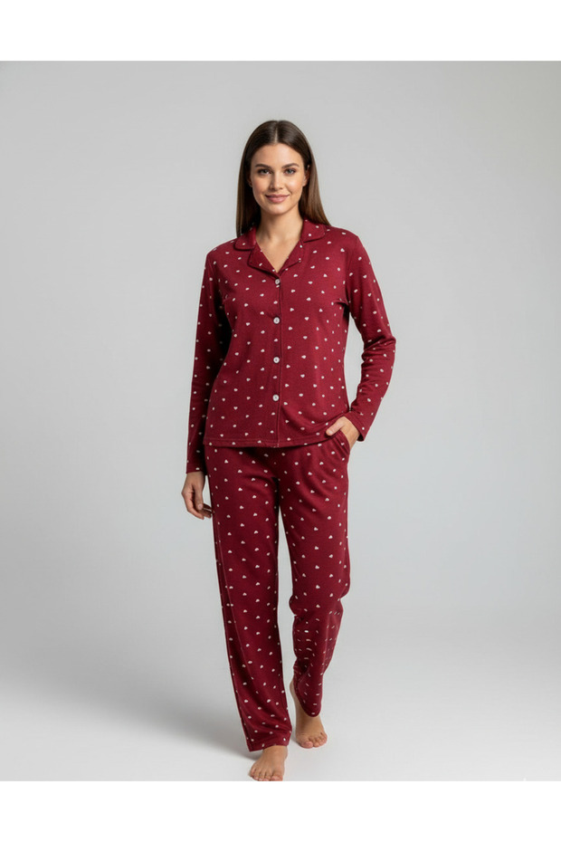 Women's Cotton Suede Tiny Heart Patterned Pajama Set (Red)