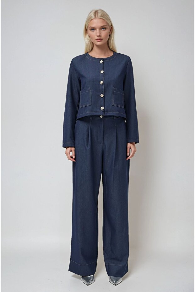 Navy Blue Stitching Detail and Palazzo Pants Piece Nikol Set 10237 R10-I-K4