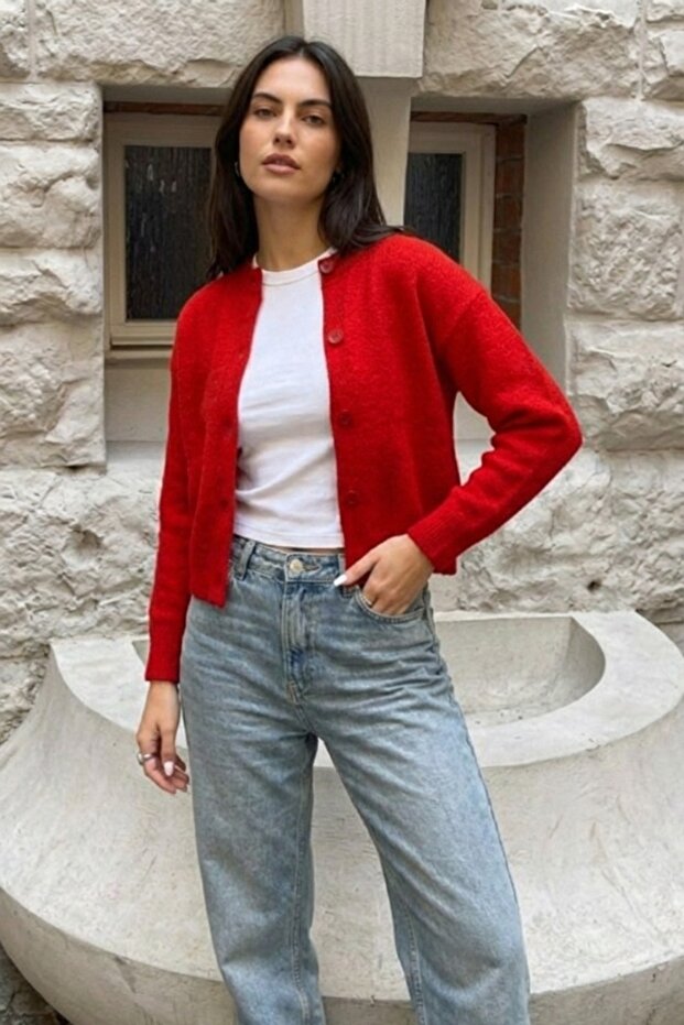 Kadın Basic Düğmeli Triko Hırka - 2