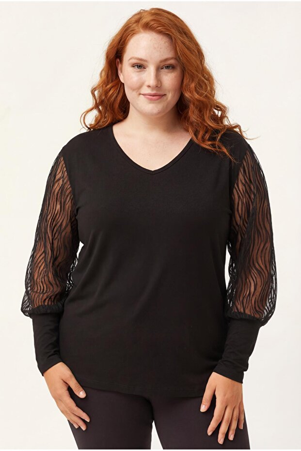 Women's Wide Size Sleeves Transparent Suede Branch Detail Black Blouse