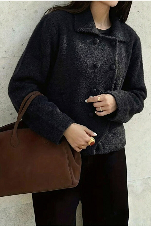 Women's Black Soft Textured Buttoned Knitwear Cardigan