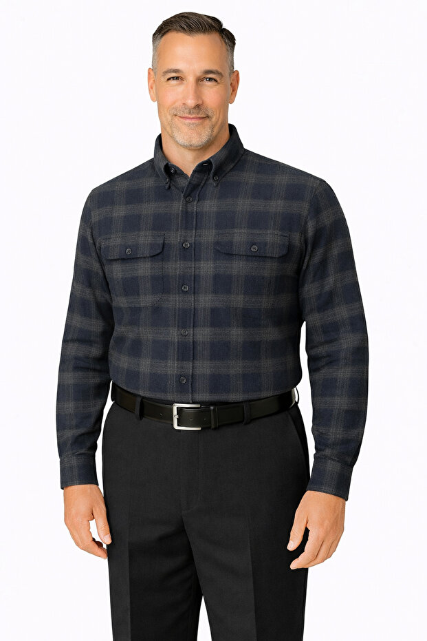 Relaxed Fit Winter Checked Double Pocket Clamshell Men's Dad Shirt