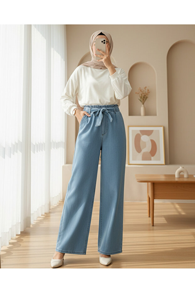 Elastic Waist Belted Jeans with Pockets - Ice Blue