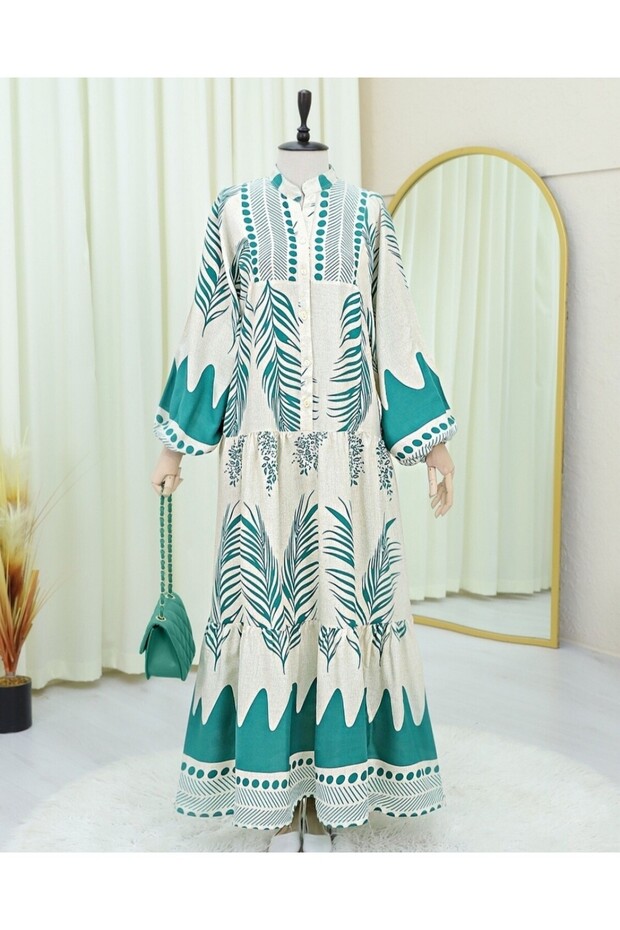 فستان بنمط أوراق الشجر ونصف أزرار وياقة واقفة - Forest Yş. - 4