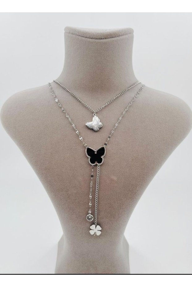 Steel Necklace with Butterfly and Clover Detail and Zircon Stone