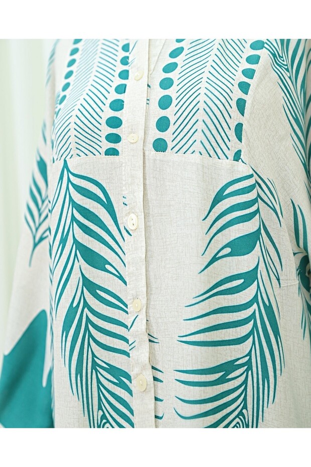 فستان بنمط أوراق الشجر ونصف أزرار وياقة واقفة - Forest Yş. - 7