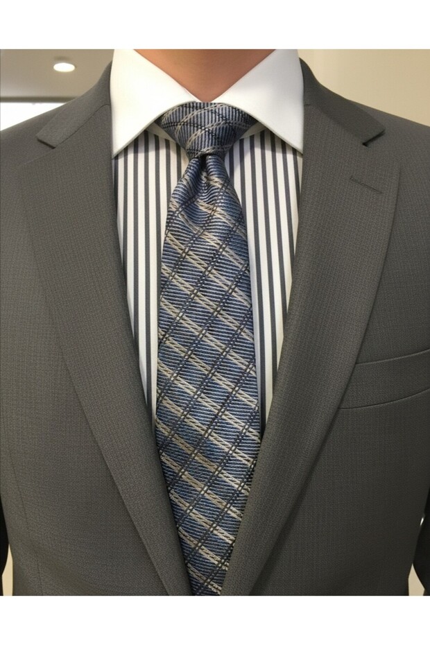 Tie Luxury Water and Stain Resistant Special Fabric Light Turquoise and Navy Blue Diagonal Stripes