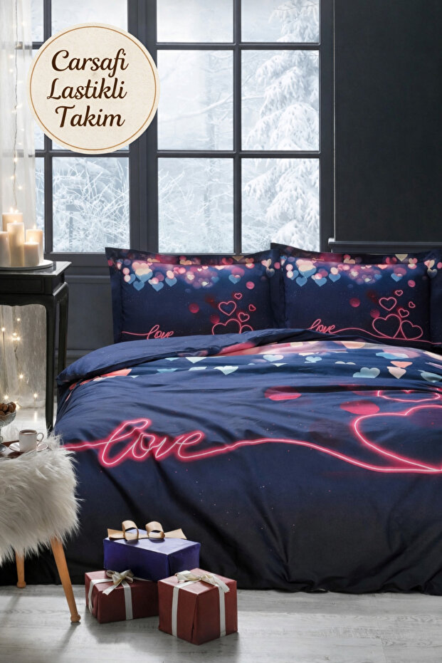 Double Size (Elastic Bed Sheet) Duvet Cover Set Rain of Love Navy Blue