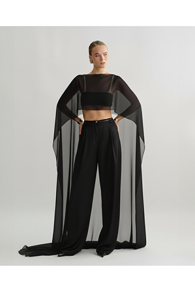 Lilbasic Şifon Siyah Panço İnci Askılı Crop - 3