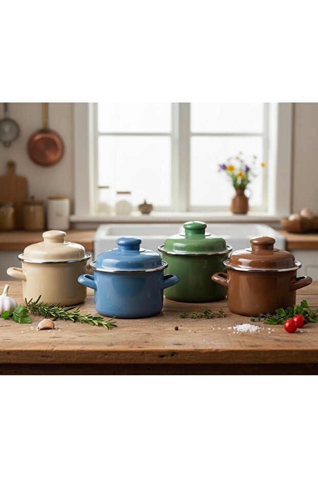 Enamel Milk Pot & Sauce Pot & Egg Boiling Pot Mini Turquoise (0.9 Lt) Set of 4