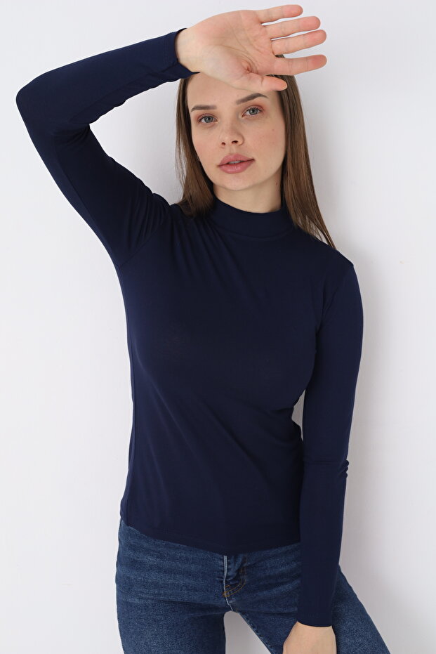 Women's Navy Blue Long Sleeve Turtleneck Body