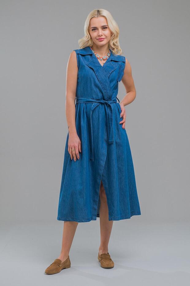 Women's Indigo Double Breasted Belted Slit Maxi Length Men's Collar Jeans Dress with Pockets