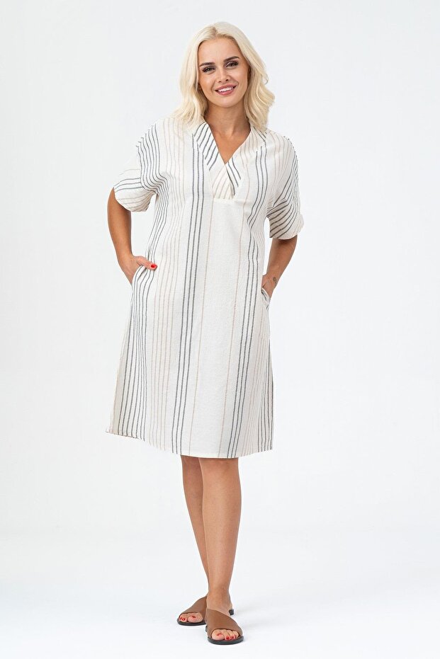 Women's Pocketed V-Neck Short Sleeve Cotton Dress Ecru