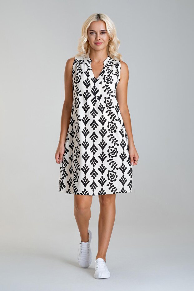 Women's Printed Pocket Linen Look Woven Cotton Dress Black Floral Pattern