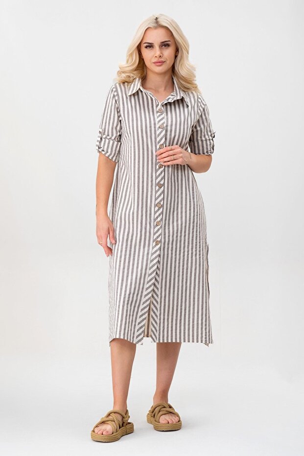 Women's Pocketed Striped Cotton Buttoned Slit Shirt Dress Anthracite Ecru