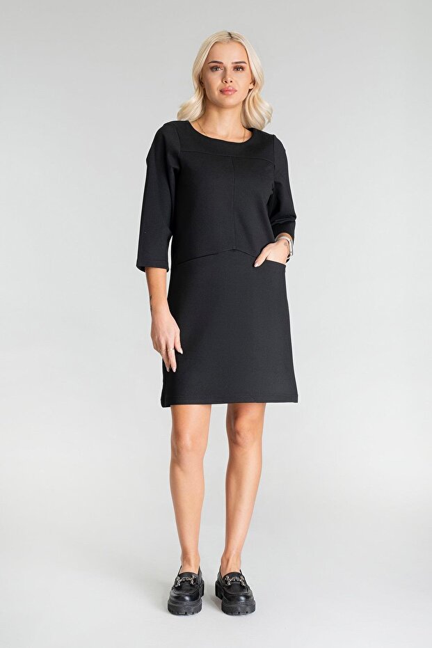 Women's Three Quarter Sleeve Crew Neck Dress with Pockets Black Front Pocket