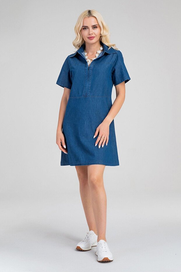 Women's Indigo Half Placket Zipper Short Sleeve Shirt Collar Slim Jeans Dress